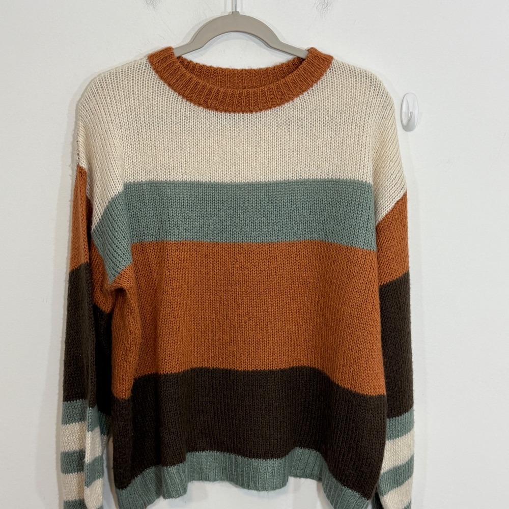 Becaal Womens Striped Sweater M Orange Boho Earthy Casual Knit Crewneck - Picture 2 of 12